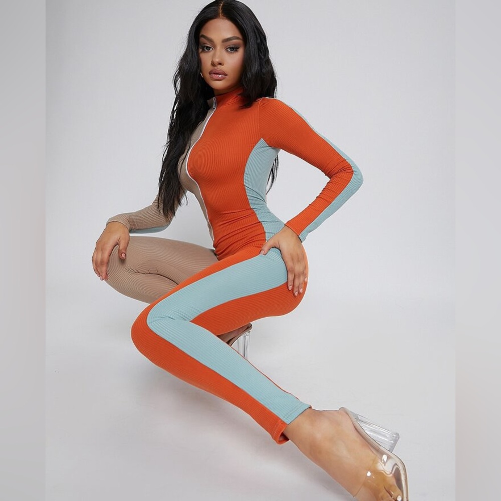 SHEIN Ribbed Colorblock Zip-Up Long Sleeve Jumpsuit